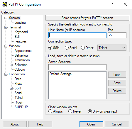 Screen capture PuTTY Configuration untuk login ke VPS
